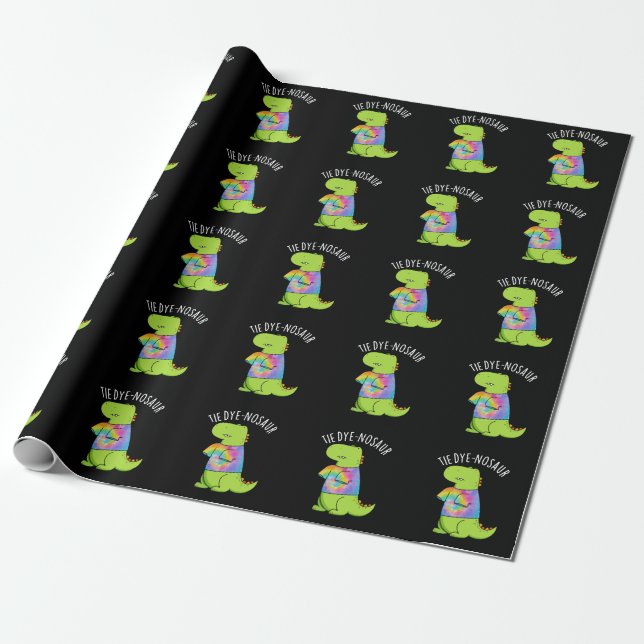 Tie-dye-nosaur Funny Dinosaur Pun Dark BG Wrapping Paper (Unrolled)
