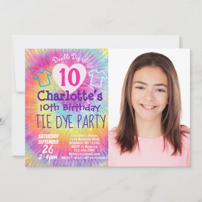Tie Dye Party 10th Birthday Photo Invitation (Front)
