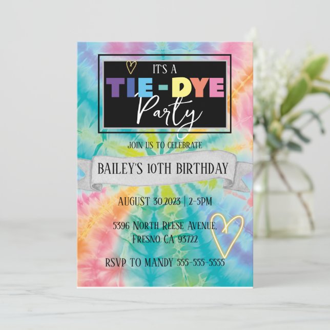 Tie Dye Party Hippie Rainbow Birthday Invitation (Standing Front)
