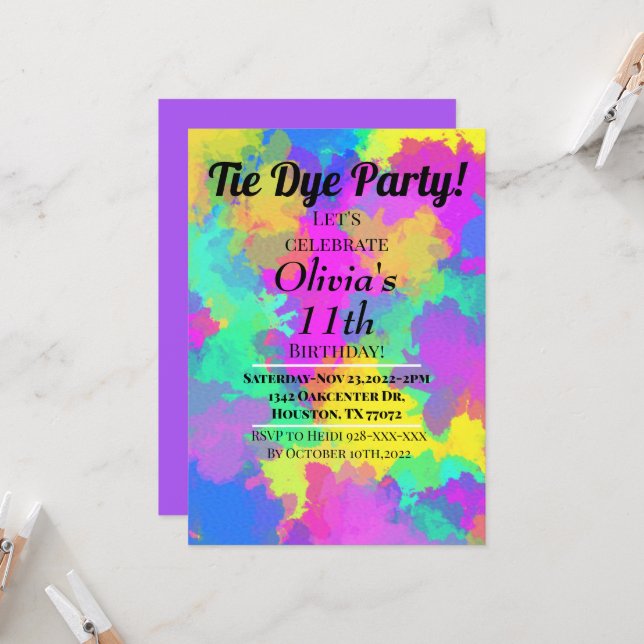 Tie Dye Party Invitation Hippy Tie Dye (Front/Back In Situ)