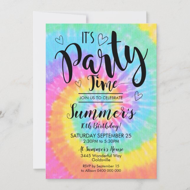 Tie Dye Party Invitation It's Party Time (Front)