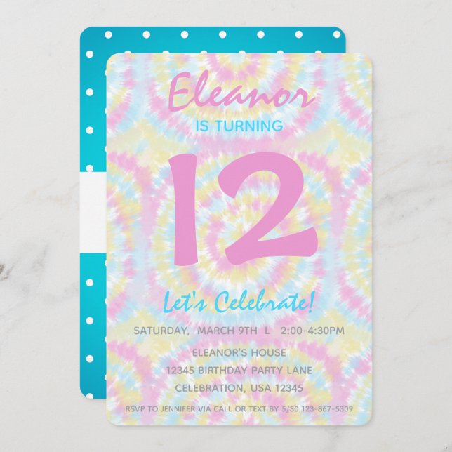 Tie Dye Pastel Girl Birthday Party Invitation (Front/Back)