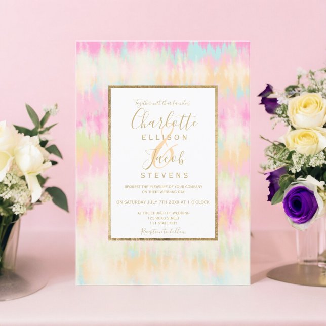 Tie dye pastel hippie chic gold script wedding invitation (Tie dye pastel hippie chic gold script wedding invitation)