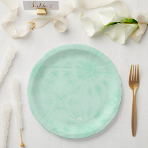 Tie Dye Pastel Mint Green Monogram Paper Plates