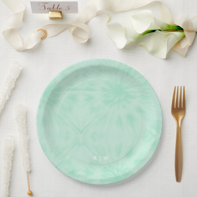 Tie Dye | Pastel Mint Green Monogram Paper Plates (Wedding)