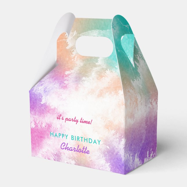 Tie Dye Pastel Pink Orange Teal Purple Birthday Favor Boxes (Front Side)