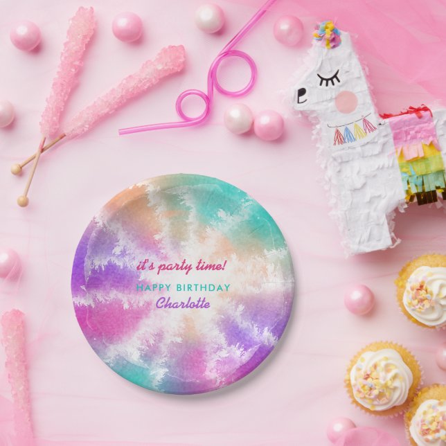 Tie Dye Pastel Pink Orange Teal Purple Birthday Paper Plates (Party)