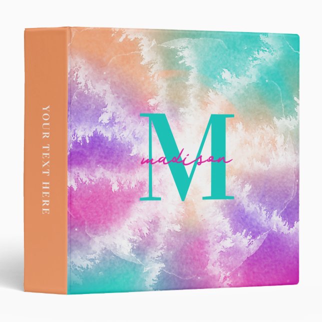 Tie Dye Pastel Pink Orange Teal Purple Monogram 3 Ring Binder (Front/Spine)