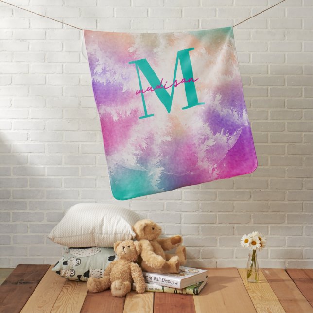 Tie Dye Pastel Pink Orange Teal Purple Monogram Baby Blanket (In Situ)