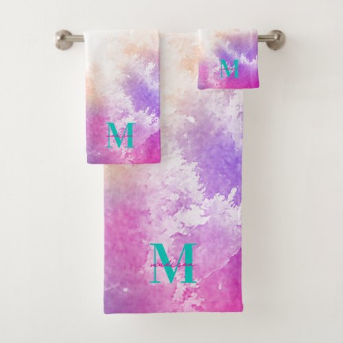 Tie Dye Pastel Pink Orange Teal Purple Monogram Bath Towel Set