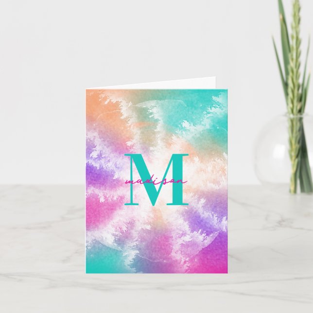 Tie Dye Pastel Pink Orange Teal Purple Monogram Card (Front)