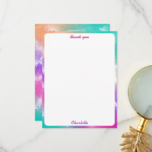 Tie Dye Pastel Pink Orange Teal Purple Monogram Thank You Card