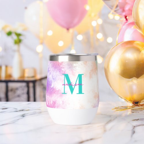 Tie Dye Pastel Pink Orange Teal Purple Monogram Thermal Wine Tumbler