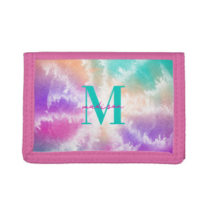 Tie Dye Pastel Pink Orange Teal Purple Monogram Tri-fold Wallet