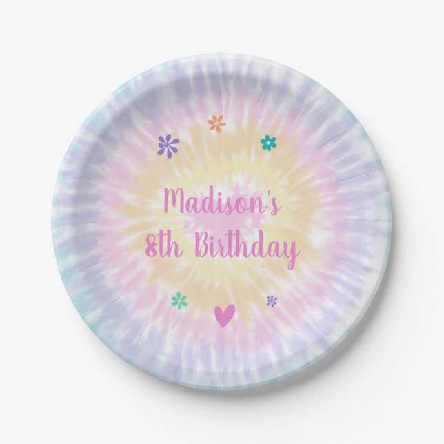 Tie Dye Pastel Rainbow Boho Hippie Birthday Paper Plates (Front)