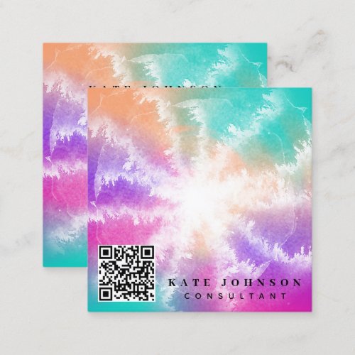 Tie Dye Pastel Watercolor Pink Orange Teal Purple Square Business Card