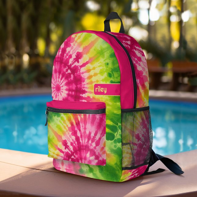 Tie Dye Pattern Green Red - custom name Printed Backpack (Personalized Backpack with tie dye pattern plus custom name)