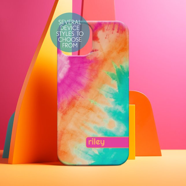 Tie Dye Pattern Hot Pink Orange Teal - custom name Iphone Case (Personalized Phone Case)
