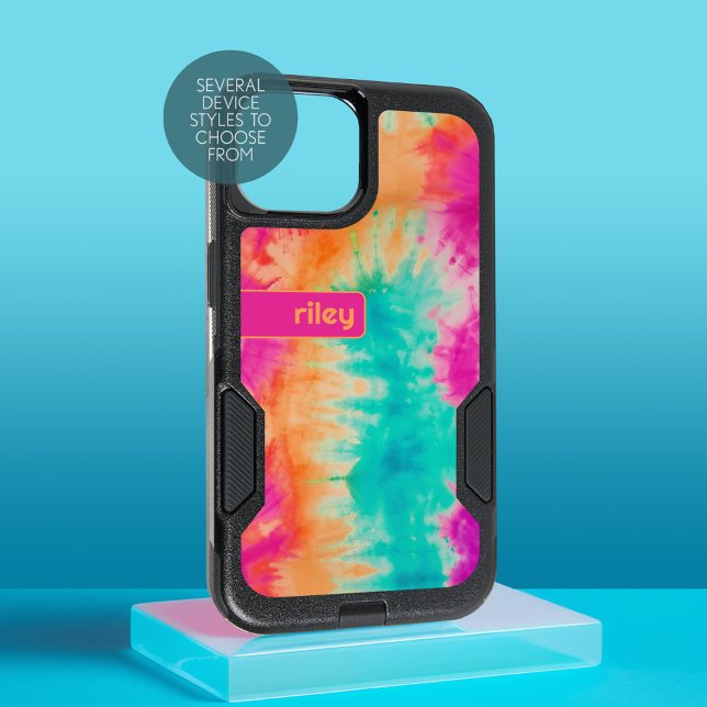 Tie Dye Pattern Hot Pink Orange Teal - custom name Otterbox iPhone Case (Personalized Phone Case)