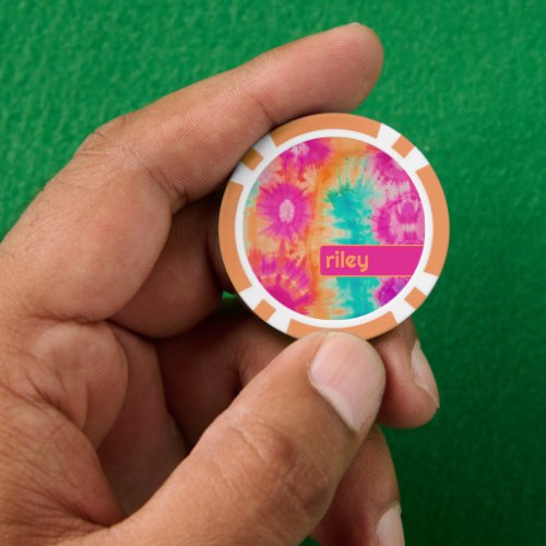 Tie Dye Pattern Hot Pink Orange Teal _ custom name Poker Chips