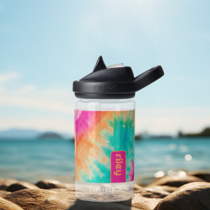 Tie Dye Pattern Hot Pink Orange Teal custom name Water Bottle