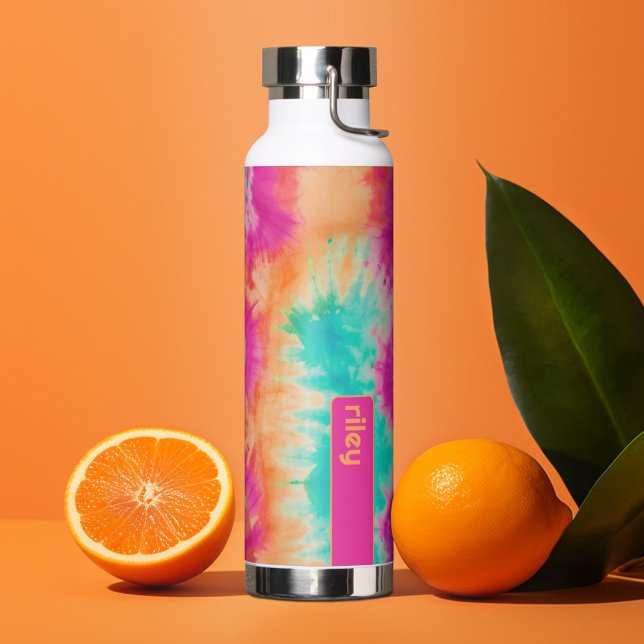 Tie Dye Pattern Hot Pink Orange Teal - custom name Water Bottle (Personalized Water Bottle)