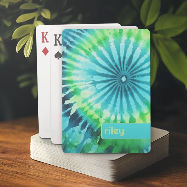 Tie Dye Pattern Lime Aqua Teal - custom name Poker Cards (Personalized playing cards)