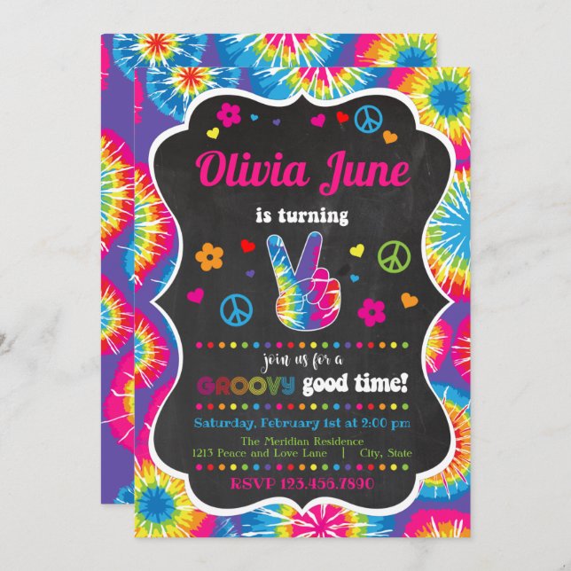 Tie Dye Peace 2nd Birthday Invitation (Front/Back)