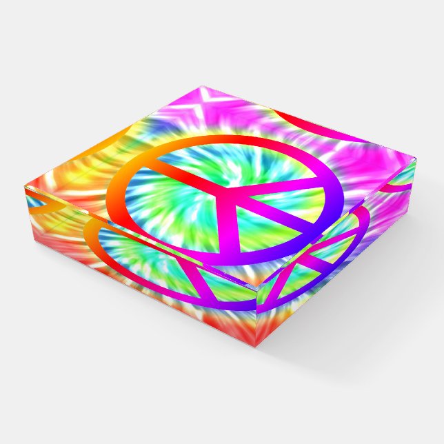 Tie Dye Peace Sign Design Glass Paperweight (Angled)
