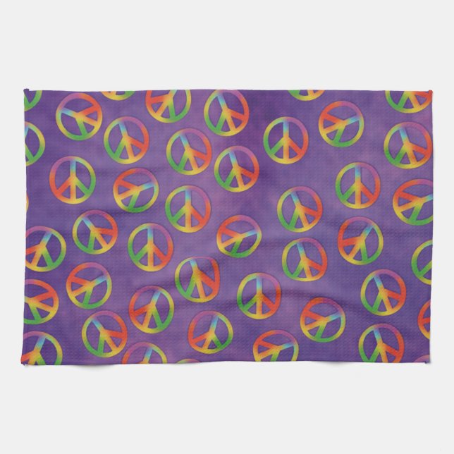 Tie Dye Peace Signs On Purple Towel (Horizontal)