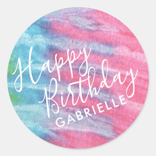 Tie Dye Pink Happy Birthday Personalized Classic Round Sticker (Front)