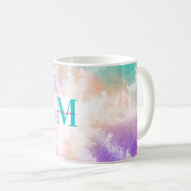 Tie Dye Pink Orange Teal Purple Monogram Coffee Mug (Front Right)