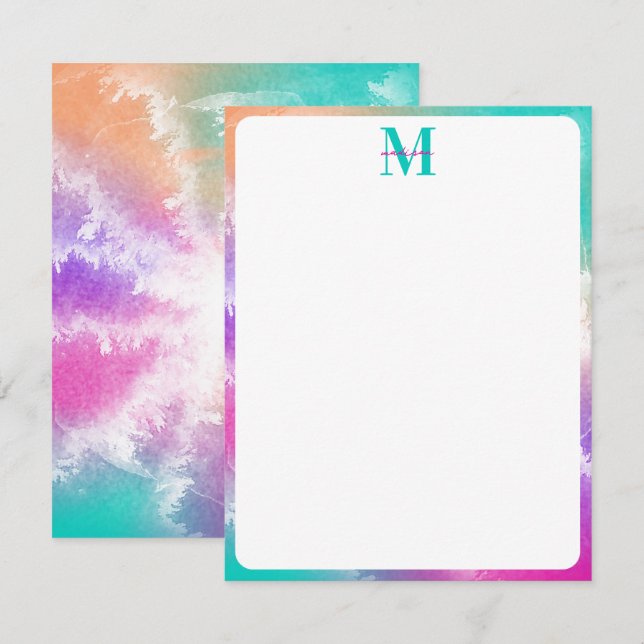 Tie Dye Pink Orange Teal Purple Monogram Note Card (Front/Back)