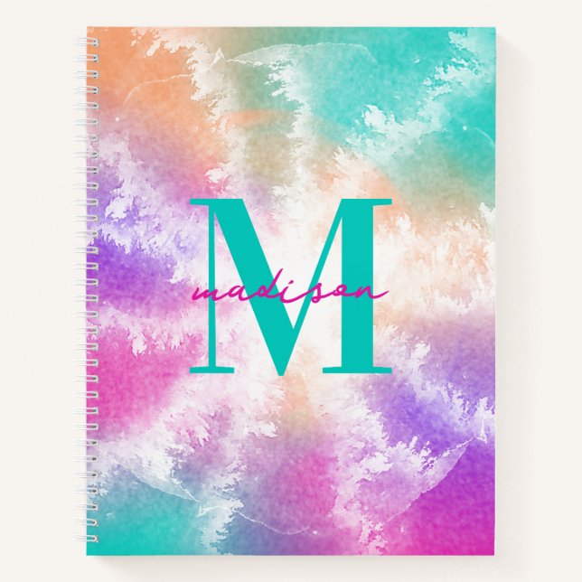 Tie Dye Pink Orange Teal Purple Monogram Notebook (Front)