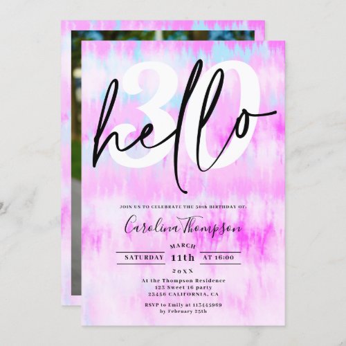Tie dye pink rainbow pastel font photo hello 30 invitation