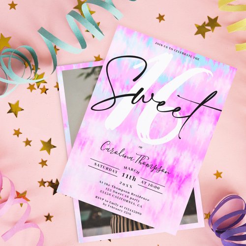 Tie dye pink rainbow pastel font photo Sweet 16 Invitation