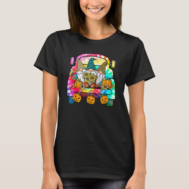 Tie Dye Pumpkin Gnomes In Halloween Truck  Holiday T-Shirt (Front)