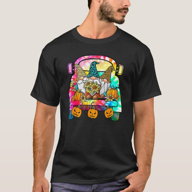 Tie Dye Pumpkin Gnomes In Halloween Truck  Holiday T-Shirt (Front)