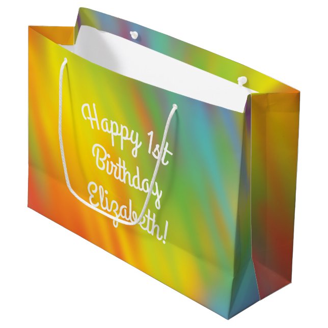 Tie Dye Rainbow Birthday Party Large Gift Bag (Front Angled)