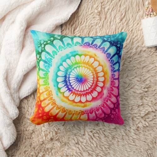 Tie Dye Rainbow Colors Bright Retro Throw Pillow