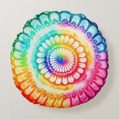 Tie Dye Rainbow Colors Retro Hippie Groovy  Round Pillow