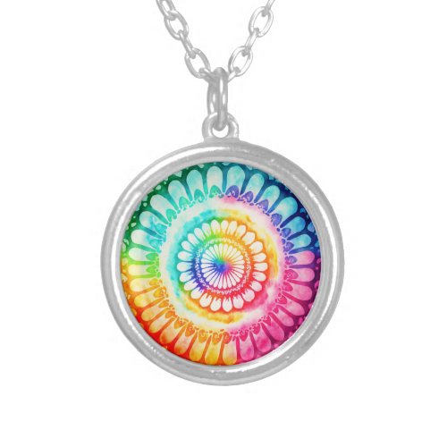Tie Dye Rainbow Colors Retro Hippie Groovy  Silver Plated Necklace