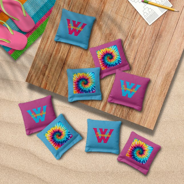 Tie Dye Rainbow Spiral Swirl Monogram Cornhole Bags (Creator Uploaded)