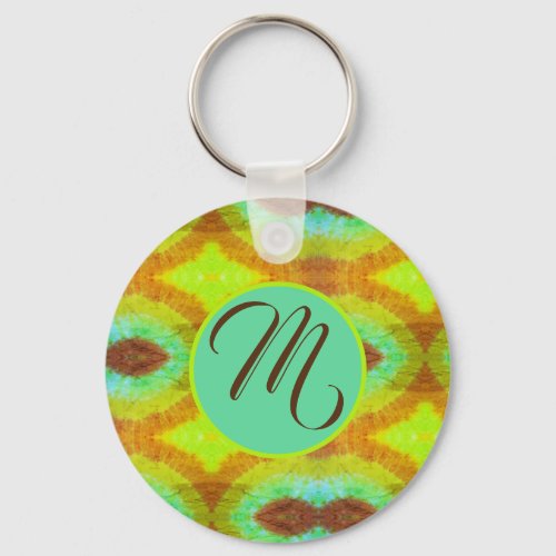 Tie Dye Retro Green Blue Monogram Keychain