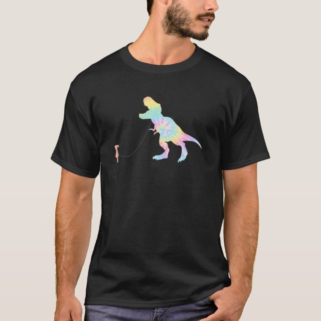 Tie Dye Rex Dinosaur Pet On A Leach Led By A Girl T-Shirt (Front)