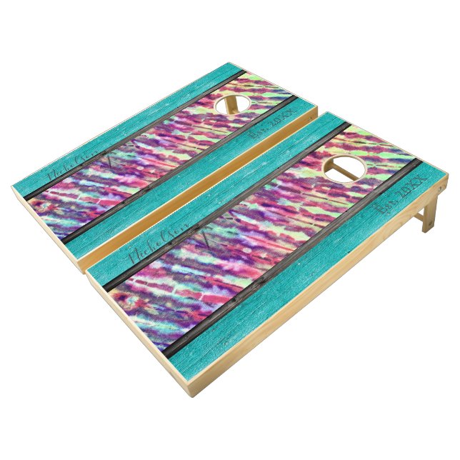 Tie Dye Rippled Stripe on Turquoise Rustic Wood Cornhole Set (Angled)