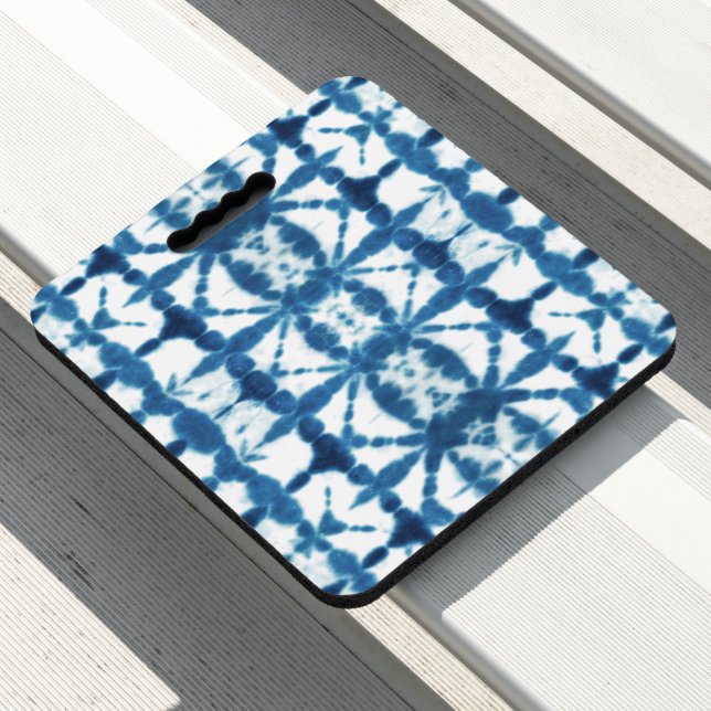Tie Dye Shibori White Blue Abstract Pattern Seat Cushion (In Situ)