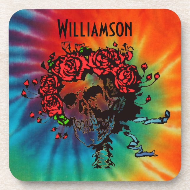 Tie Dye Skull with Roses Beverage Coaster (Front)