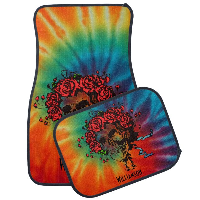 Tie Dye Skull with Roses Car Floor Mat (Set)