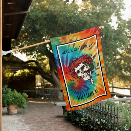 Tie Dye Skull with Roses House Flag